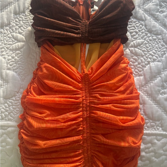 mistress rocks brown dress Mistress Rocks Brown Ruched Asymmetric Midi Dress UK S main image 1